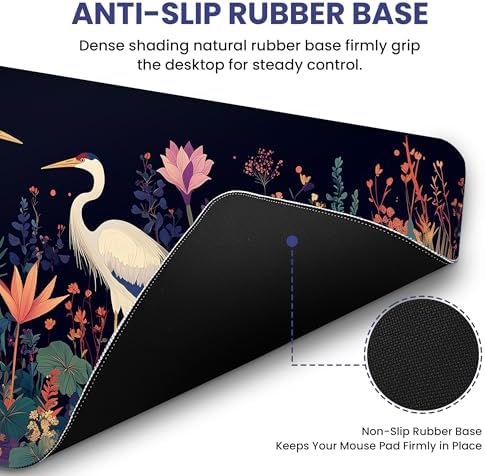 Aesthetic Desk Mat, Cute Midnight Cranes Desk Pad Protector for Work & Decor, 35.4" x 15.7", Pretty Non-Slip Extended Mouse Pad for Office or Home