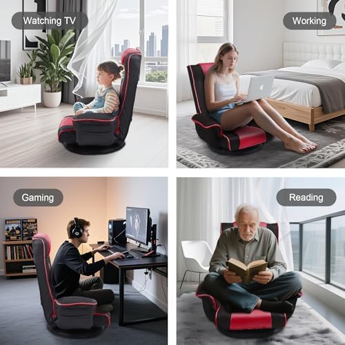 Swivel Floor Chair for Adults, 14-Position Adjustable Floor Gaming Chair with Back Support & Armrests, Foldable Lazy Sofa Lounge, Breathable Mesh for Gaming Reading Meditation (Black/Red)