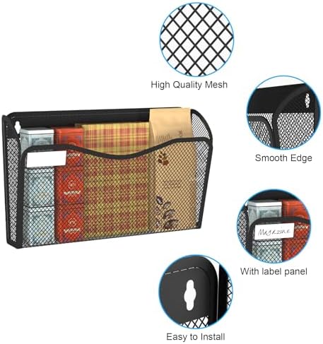 BOHDK Wall File Organizer, 3 Single Pockets Mesh Hanging File Organizer, Mount Document Magazine Rack with Labels, Hanging File Folders for Office, Home and School, Black