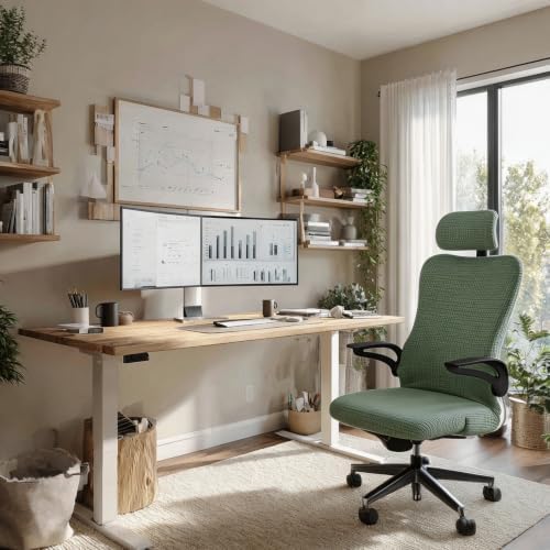 Ergonomic Office Chair Cover with Headrest Cover Green Water-Repellent Stretch 2-Piece Jacquard Office Desk Chair and Headrest Slipcover Cat Scratch Proof Washable