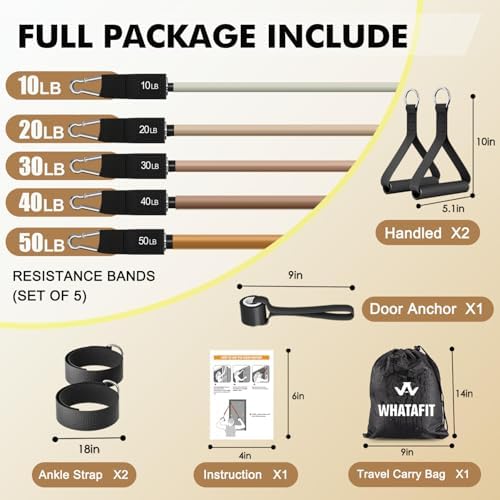 WHATAFIT Resistance Bands with Handles, 150 lb Exercise Bands Set