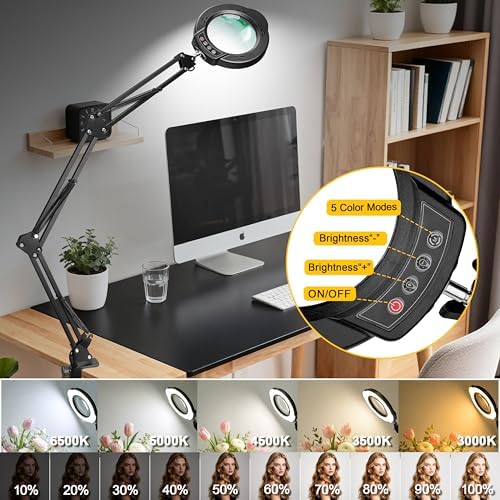 15X Magnifying Glass with Light, Stand & Clamp, Ultra Long 3-Section Swing Arm LED Magnifying Lamp, Dimmable with 5 Color Modes, Hands Free Desk Lamp for Workbench, Repair, Close-Up Work