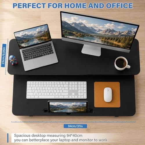 37" Height Adjustable Standing Desk Converter, 4.9" to18.5 Height Adjustable Sit Stand Up Desk Riser with Secondary Desks, Desktop Workstation Riser for Home Office Computer Laptop, Black