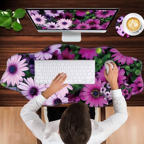Mouse Pad with Wrist Support + Desk Mat + Coaster 3 in 1 Set, XXL Large Gaming Mousepad Ergonomic Mouse Pads for Desk Computer Laptop Office,African Daisy