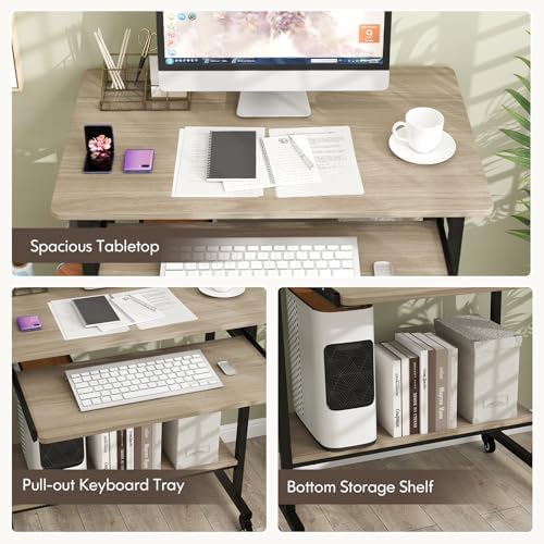 Tangkula Rolling Computer Desk Cart with Keyboard Tray, Mobile Portable Laptop PC Desk with CPU Stand & 3 Hooks for Sofa & Bed, Compact Small Desk on Wheels for Small Spaces (Grey)