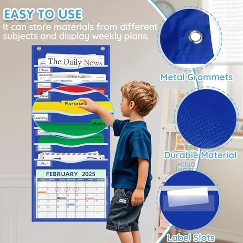 ALSLEA 15" Extra Wide Hanging File Organizer with 8 Pockets - Heavy Duty Classroom Pocket Chart, Wall Mounted Document Organizer with Writable Clear Pocket, 5 Wall/ Door Hooks & 12 Labels (Blue)