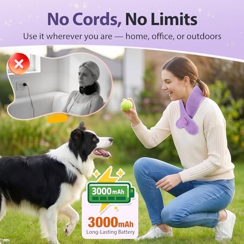 Cordless Neck Heating Pad for Pain, Neck Massager with 660nm 850nm Red Light, Heated Neck Wrap with 3000mAh Rechargeable, 3 Levels Heat & Massage, Purple