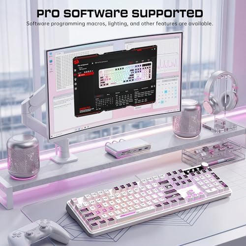 Redragon RM104 Wireless Gaming Keyboard with Knob, Tri-Mode BT/2.4G/USB-C RGB Computer Keyboards, 4000mAh Battery, Programmable Software Support, Anti-Ghosting, Compatible with PC Mac - Pink & White