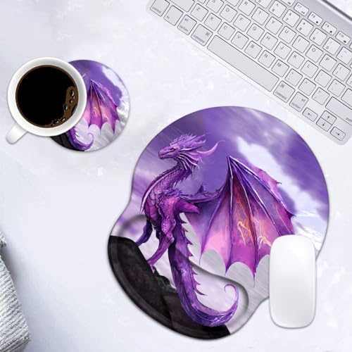 Ergonomic Mouse Pad Wrist Support and Cute Coffee Coaster, Non Slip PU Base Mouse Pad Wrist Rest for Computer, Office Gaming, Working, Easy Typing & Pain Relief, Purple Dragon