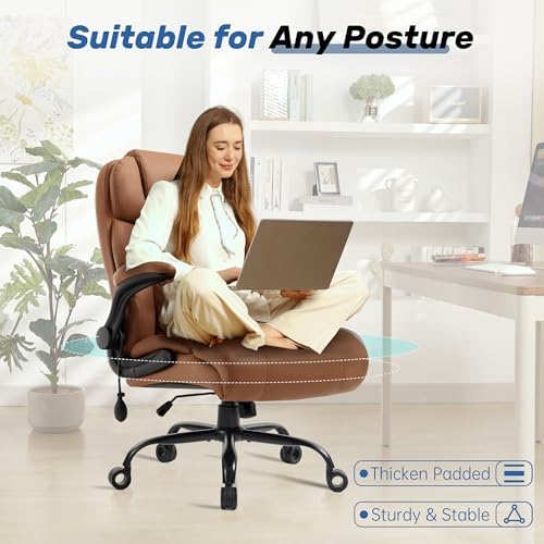 500LBS Big and Tall Executive Office Chair with Adjustable Lumbar Support,Extra Wide Seat for Ergonomic Computer Desk Chair Flip-up Arm,Home Office Chair Spring Cushion Upgraded Metal Base, PU Brown