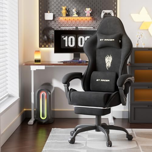 Huracan Velvet Ergonomic Office Gaming Chair for Home Use, High‑Back Reclining Computer Chair with Footrest Massage Lumbar Support, Adjustable Racing Desk Chairs for Streaming Work, Black