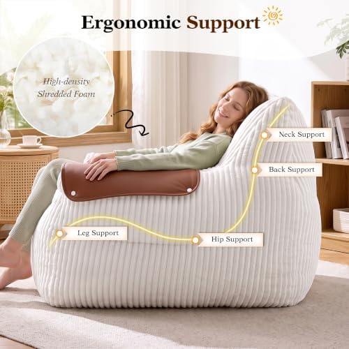 Homkdom Bean Bag Chairs for Adults, Lazy Loveseat Sofa with Armrests, White