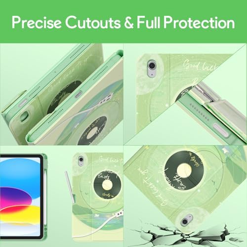 YBING Keyboard Case for iPad 10th Gen 10.9 inch (2022) & 11th Gen (A16, 2025), Bluetooth Wireless Detachable Keyboard with Green Music Painted Patterns, 360 Rotatable Magnetic Case with Pencil Holder