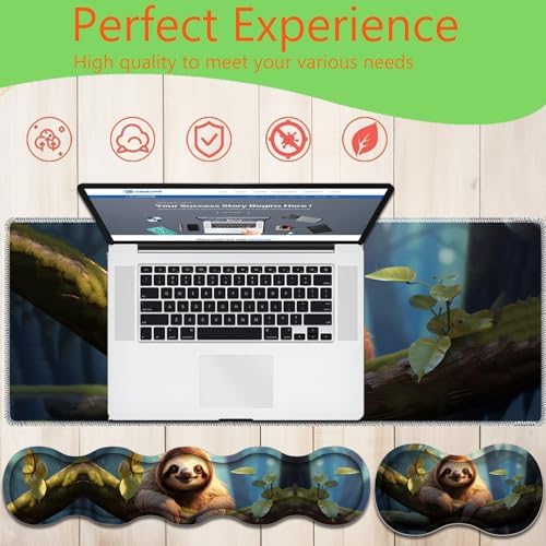 4 in 1 Mouse Pad Combo, Large Gaming Mouse Pad + Keyboard Wrist Support + Mouse Wrist Rest + Coaster, Table Pad with Stitched Edge Ergonomic Wrist Pad Set, Sloth