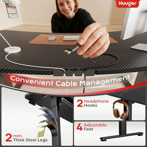 Huuger 55 X 24 Inch Electric Standing Desk with Power Outlets and USB-C Port, Height Adjustable Desk, Sit Stand Desk for Home Office, Computer & Gaming Desk, Stable Steel Frame, Carbon Black