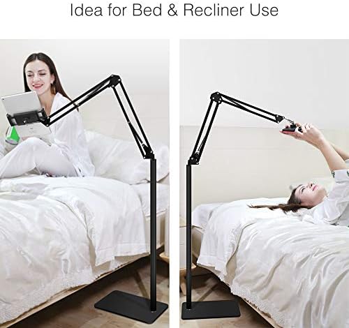Tablet Floor Stand with 5LB Metal Base, Overhead Bed Phone Stand Angle Height Adjustable Holder, Universal Floor Stand Compatible with iPhone iPad Pro Air Mini, Samsung Tab, Kindle, E-Readers…