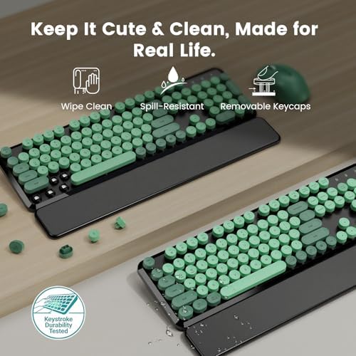 Wireless Keyboard Mouse, Magnetic Wrist Rest, Round Keycaps, Green & Black