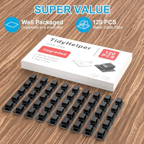120 PCS Cable Clips, Adhesive Cord Clips for Wires on Wall, Strong Wire Clips Holders Cord Organizer for Cable Management, Christmas Lights, USB, Phone Charger, Cat 6, Car Dash Cam (Large, Black)