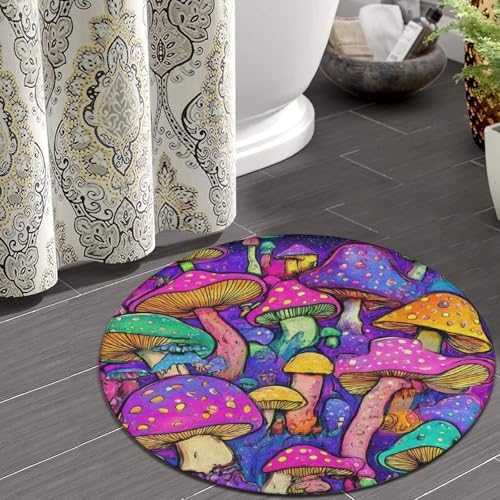 Machine Washable Modern Round Area Rug, Room Sofa Yoga Soft Round Carpet, Home Decor Non Slip Kitchen Office Circle Rug Trippy Colorful Mushrooms Magic Art, 60inch