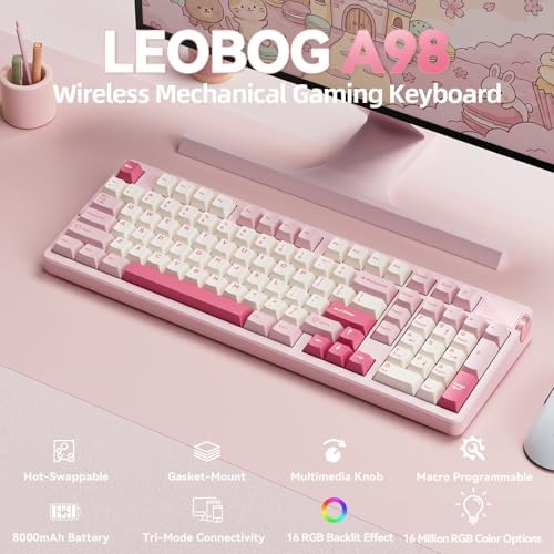 LEOBOG A98 Wireless Mechanical Pink Creamy Keyboard with Number Pad Knob