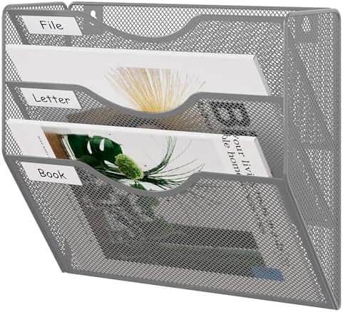 EasyPAG 3 Pocket Mesh Wall File Organizer, Hanging Paper Folder Holder with Classify Label, Vertical Wall Mount Mail Organizer for Office Home Classroom, Silver