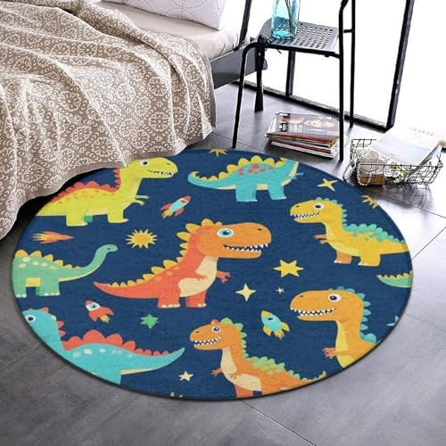 Large Home Decor Mat, Soft Round Yoga Carpet, Non Slip Machine Washable Kitchen Office Circle Rug Dinosaurs
