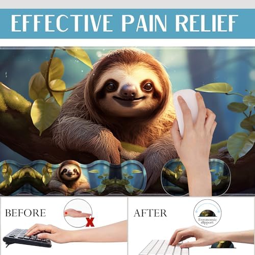 4 in 1 Mouse Pad Combo, Large Gaming Mouse Pad + Keyboard Wrist Support + Mouse Wrist Rest + Coaster, Table Pad with Stitched Edge Ergonomic Wrist Pad Set, Sloth
