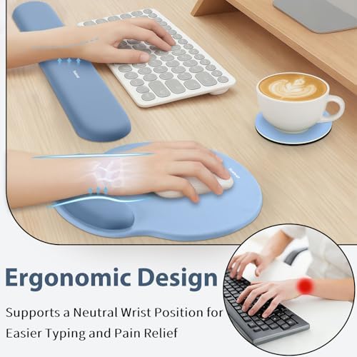 Sushret Mouse Pad and Keyboard Wrist Rest, 3-in-1 Gel Memory Foam Ergonomic Mouse Pad with Wrist Rest Set,Gaming Mousepad Arm Cushion Support for Computer Office Desk Accessories Cute Setup,Sky Blue