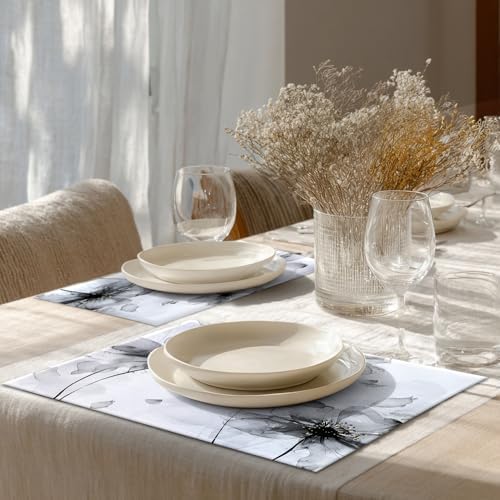 Shrahala Flowers Petals Placemats, Beautiful Black White Flowers Table Mat Linen Burlap Washable Double-Deck Heat Insulation for Dining Table Kitchen Table Set of 4 (12 x 18 inch)