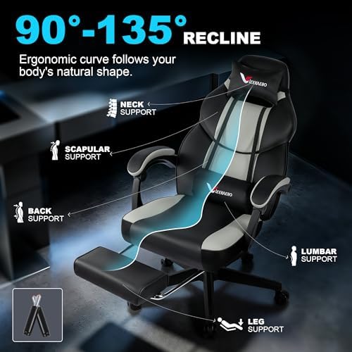 Big and Tall Gaming Chair for Adults 400 lbs, Heavy Duty Wide Seat Black Grey Gaming Office Chair, Ergonomic Comfy Computer Gamer Chair with Footrest& Lumbar Support for Home Office Gaming