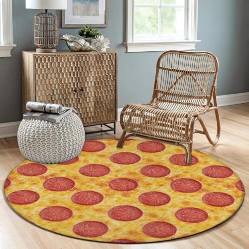 Large Machine Washable Circular Rugs, Home Decor Round Mat for Living Room Sofa Office Compatible with Pepperoni Pizza