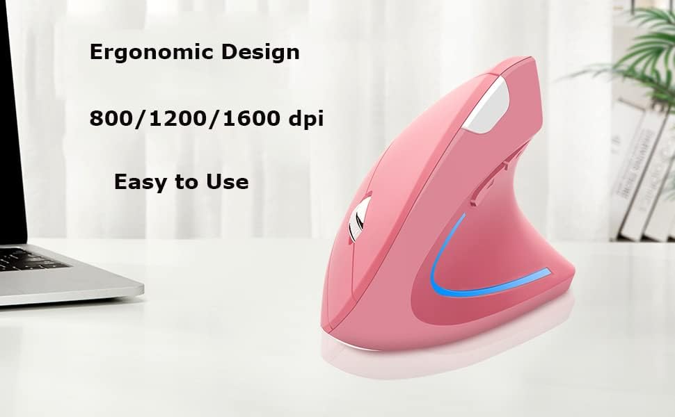 Wireless Mouse Ergonomic Vertical Ergo High Presion Optical Lightweight Cordless LED Light Large Cute Wireless Mouse for Laptop Computer Mac Office Girl Boy Adults Gift , 800/1200/1600 DPI, 6 Buttons