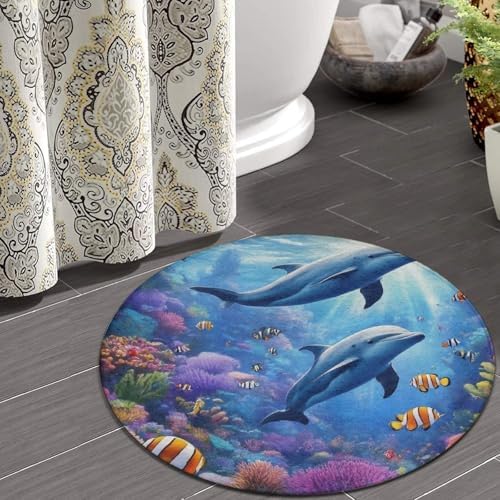 Highly Premium Quality Floor Mat, Office Chair Decor Mat, Room Sofa Yoga Soft Round Carpet Sea Underwater Beautiful Sea World Dolphins, 24inch