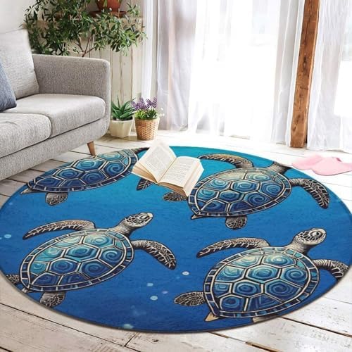 Large Home Decor Mat, Soft Round Yoga Carpet, Non Slip Machine Washable Kitchen Office Circle Rug Tribal Sea Turtles
