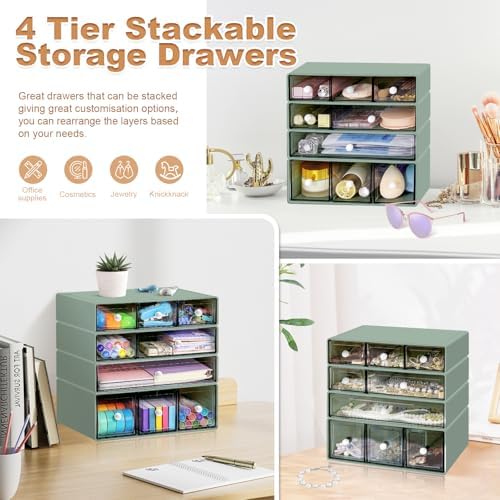 Desk Organizer with 9 Drawers, 4 Tier Plastic Stackable Storage Drawers for Desk Storage, Office Stationary Makeup Organizer Suit for Home, Office and School