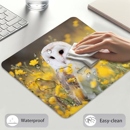 White Barn Owl Spring Yellow Wildflowers Mouse Pad, Cute Durable Desk Mat