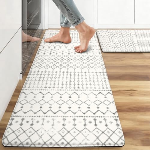 Boho Kitchen Mats for Floor 2PCs, 17.3"x47"+17.3"x30", White