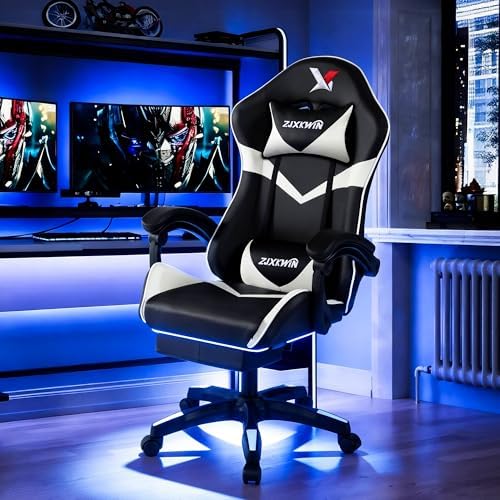 Ergonomic Gaming Chair, High Back PU Leather Office Chair with Footrest, Adjustable Lumbar Support & Headrest, 360° Swivel Computer Chair for Adults, White & Black