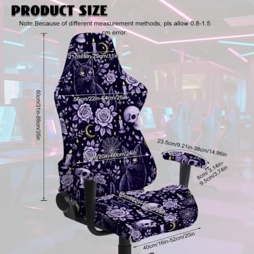 Halloween Gothic Black Cat Gaming Chair Cover Stretchable Game Chair Slipcovers with 2 Armrest Covers, Scratch-Proof Gamer Desk Chair Covers for Computer Office Seat