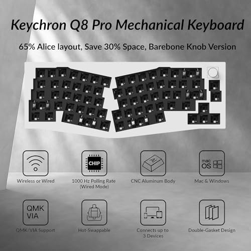 Keychron Q8 Pro QMK/VIA Programmable Custom Mechanical Keyboard, Wireless Bluetooth/Wired, 65% Alice Layout Ergonomic, Hot-Swappable, RGB Backlit Aluminum for Mac Windows Linux-Barebone Version