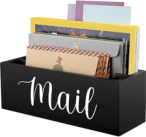DRASTAR Mail Organizer, Mail Holder with 2 Slots, Mail Basket for Wall Table Countertop, Wood Desk Mail Organizer, Black Envelope Holder for Home Office Decor