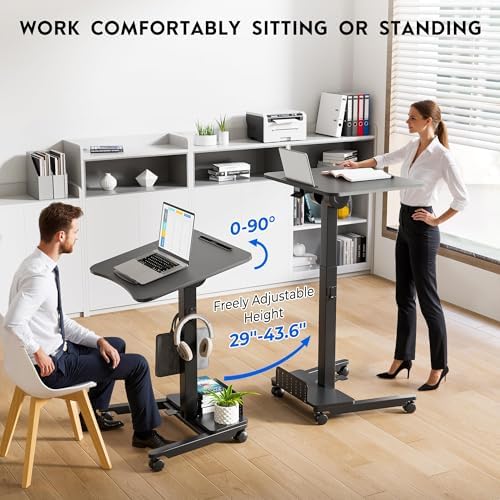 BONTEC Mobile Standing Desk, Adjustable Height, 23.6 x 20.5 Inch, Black