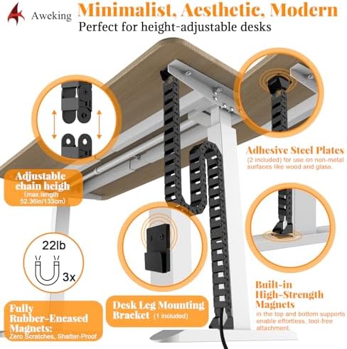 Standing Desk Cable Management Spine - Under Desk Cable Management Snake with Magnetic Mount, Flexible PA66 Nylon Vertebrae Cord Organizer Raceway, Adjustable Length for Office, Gaming, Sit-Stand Desk