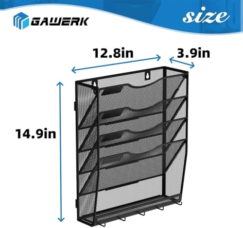 Gawerk 5-Tier Hanging Wall File Organizer with 5 Hooks - Wall Mounted Mail Paper Document Folder Holder, Sturdy Mesh Magazine Rack for Office Home