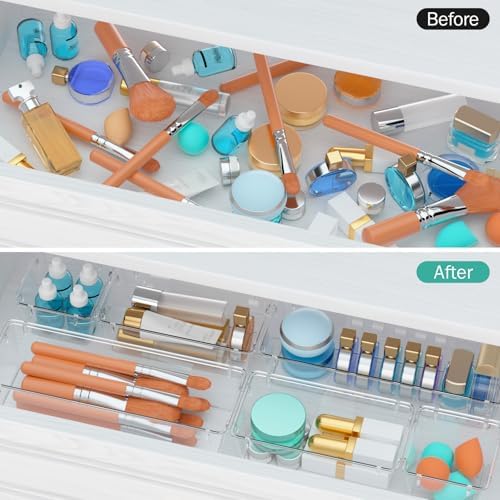 9 Pack Clear Drawer Organizer Set, Drawer Storage Trays, Storage Bins