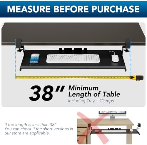 AX WABER Keyboard Tray Under Desk Pull Out with 3 Height Adjustable Extra Sturdy C Clamp Mount System, 32.8 (38 inch Including Clamps) x 12 Inch Slide-Out Platform Computer Drawer for Typing