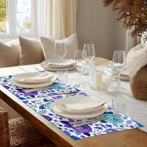 Shrahala Cobalt Blue Floral Orientalism Flower Placemats, Set of 4 (12 x 18 inch) for Valentine's Day