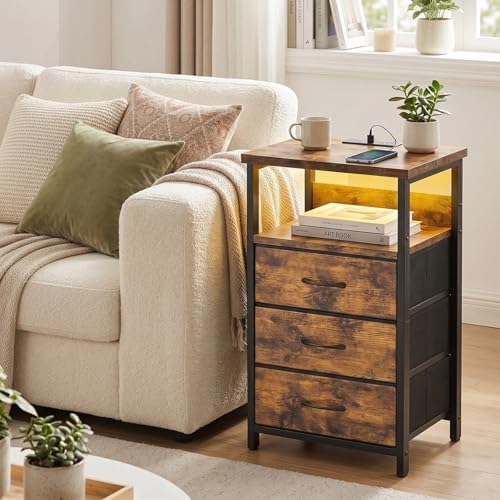 Fixwal Night Stand with 3 Fabric Drawers, Nightstand with Charging Station