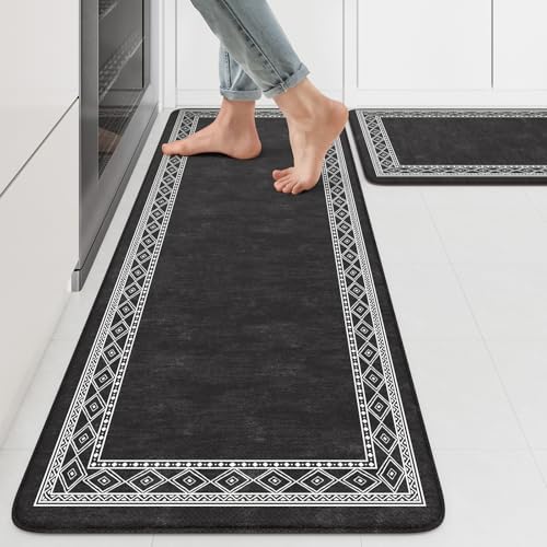 KIMODE Anti Fatigue Kitchen Mats,Black Farmhouse Kitchen Rugs Sets of 2