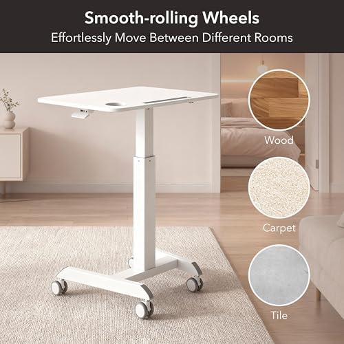 Mount-It! Laptop Cart Rolling Desk Adjustable Height with 28.5" x 22" Tabletop, Ergonomic Sit-Stand Workstation on Wheels Portable for Home Office, Dorm, Classroom, White
